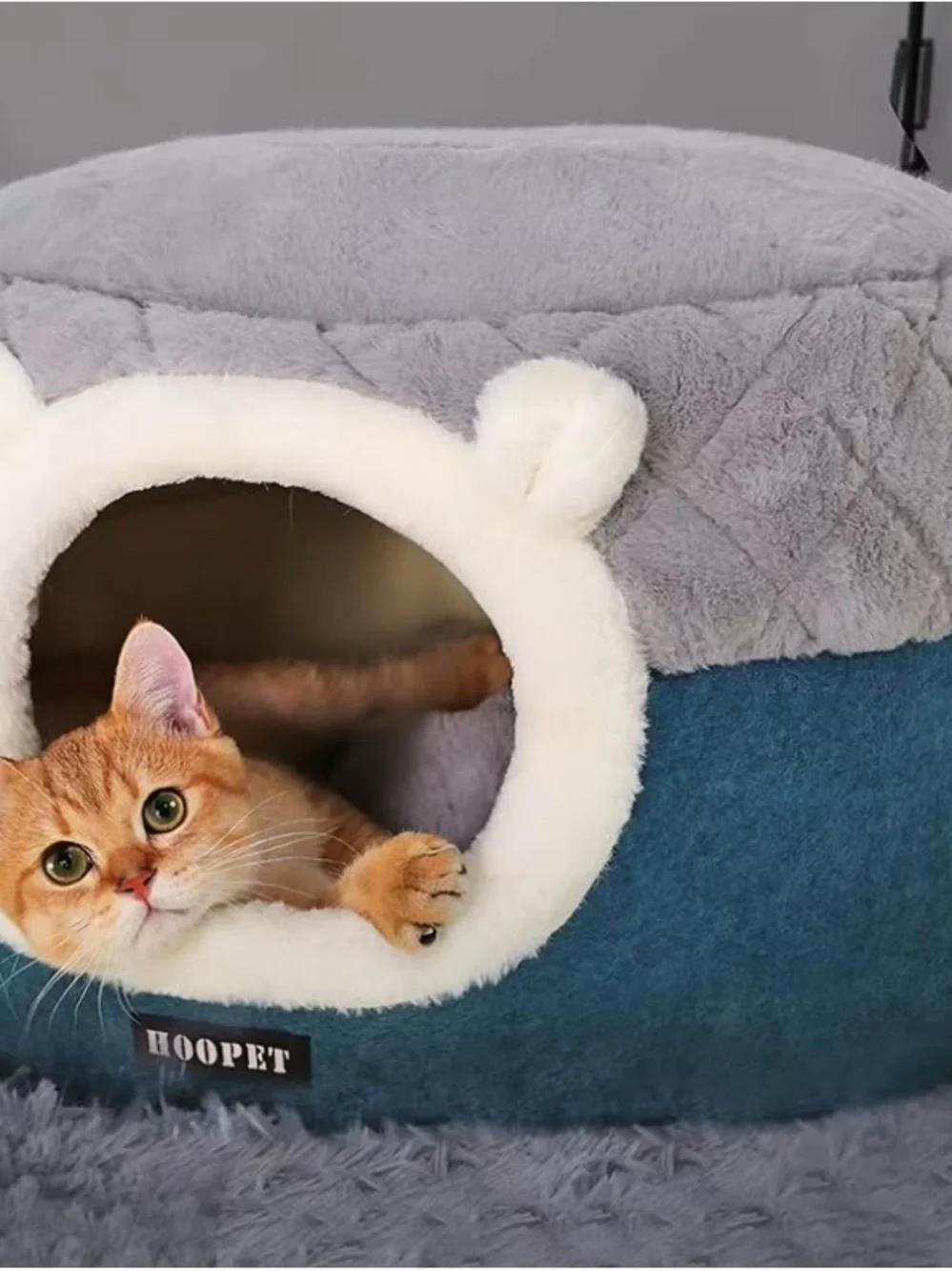 HOOPET Plush Cat Cave Bed Blue Gray Cozy Hooded Nest Small Dog